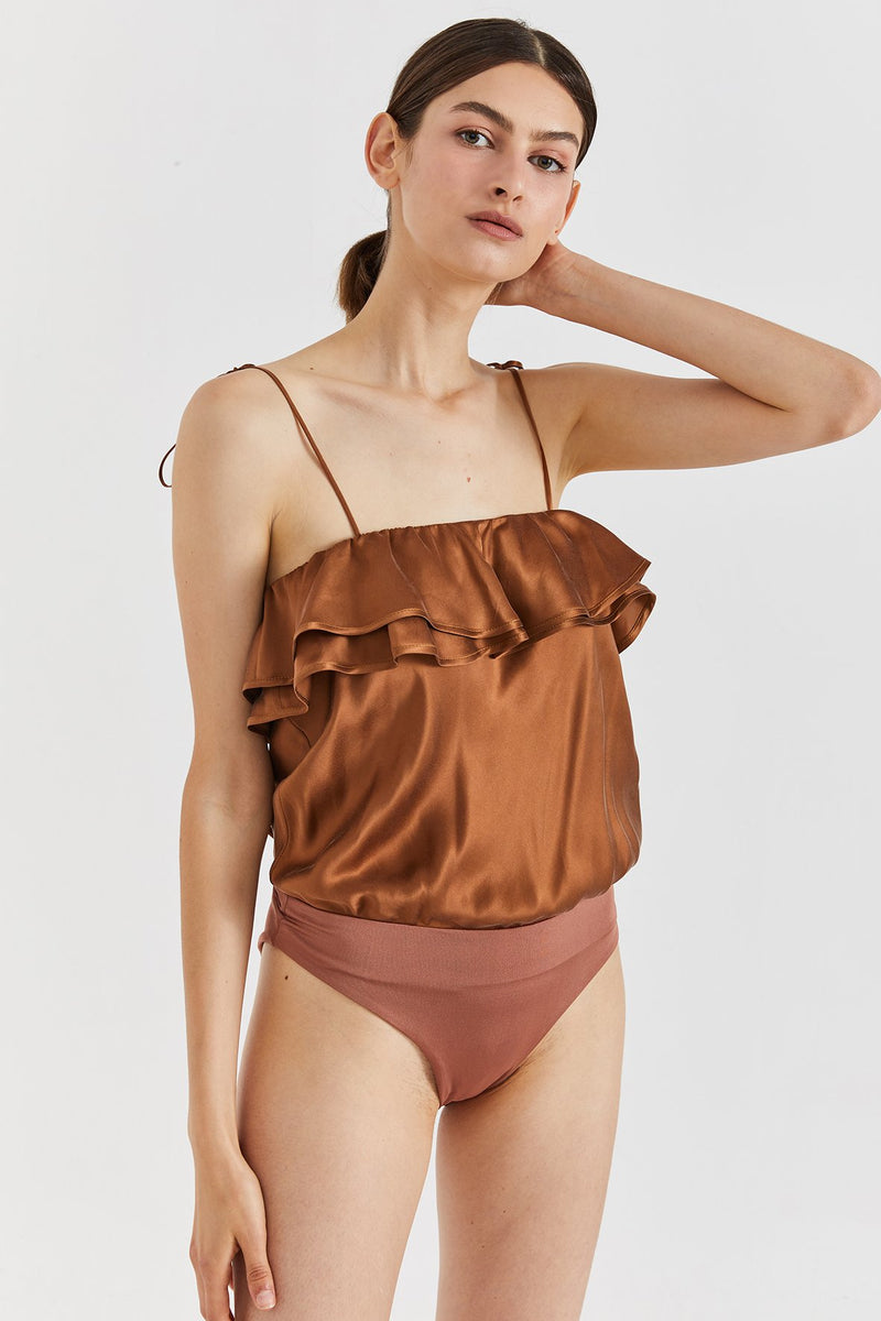 Lulu Ruffled Silk Bodysuit - Bronze – Petit Pois