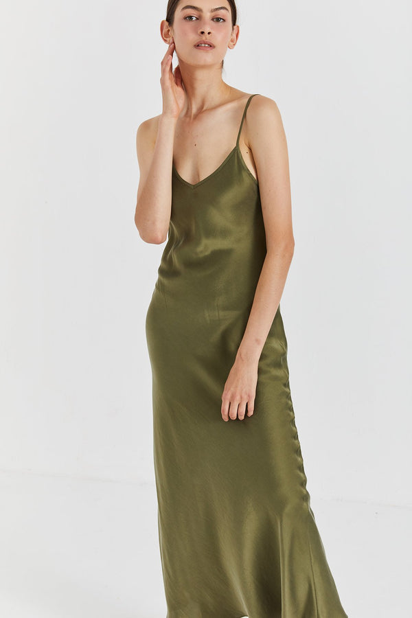 Mona Maxi Slip Dress - Olive